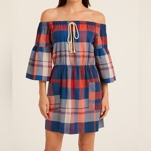 Warm Red And Blue Plaid Off The Shoulder Mini Swing Dress